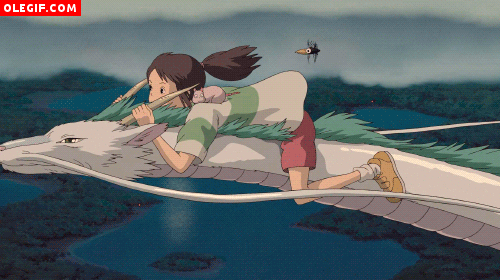 GIF: Chihiro volando sobre Haku (El Viaje de Chihiro)