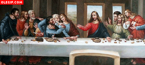 GIF: Judas y Jesús jugando a piedra, papel o tijera durante la última cena