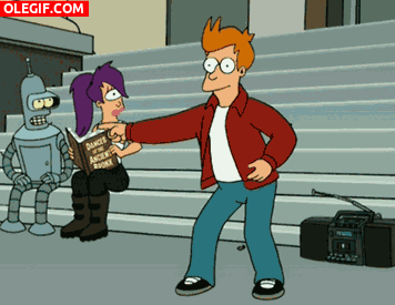 GIF: Leela y Bender atónitos con el baile ochentero de Fry (Futurama)