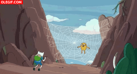 GIF: Finn lanzándose a una tela de araña