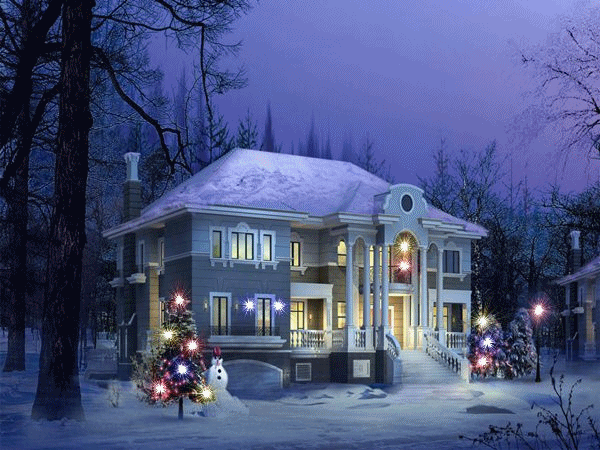 GIF: Luces de Navidad brillando junto a una casa