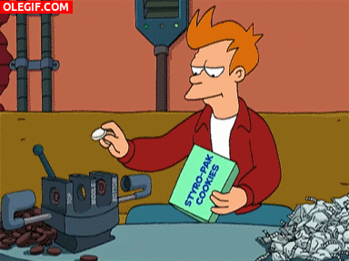 GIF: Fry utilizando una maquina para hacer Oreos