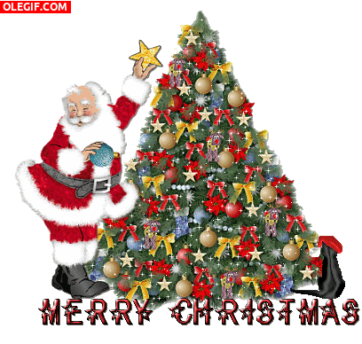 GIF: Papá Noel decorando su árbol de Navidad