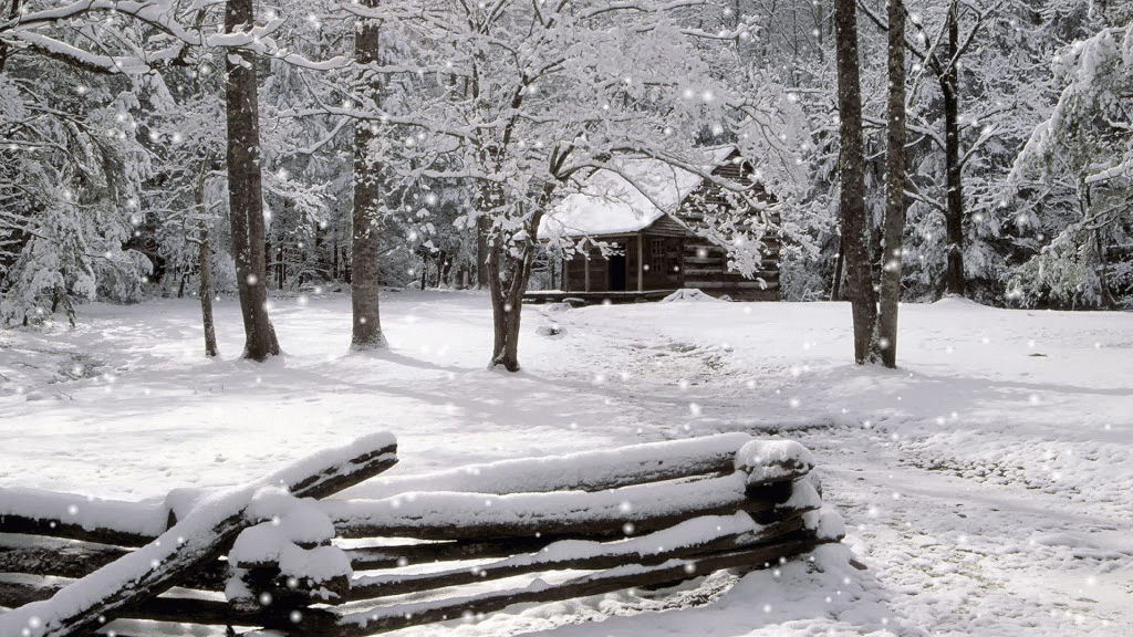 GIF: Copos de nieve cayendo sobre la cabaña