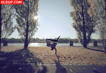 GIF: Bailando breakdance sobre las hojas otoñales