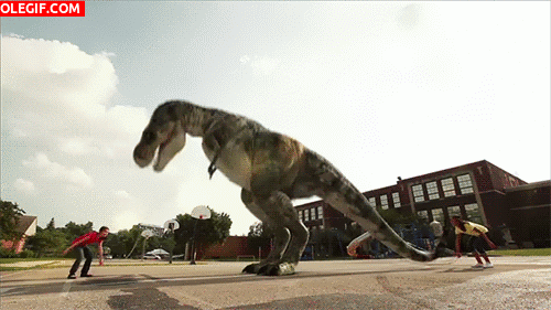 GIF: Un dinosaurio saltando a la comba
