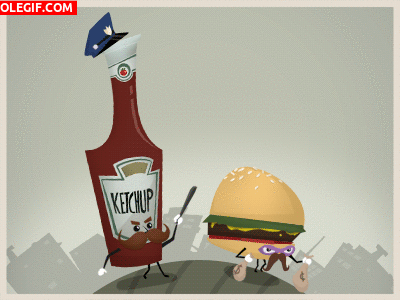 GIF: El ketchup persiguiendo a la hamburguesa