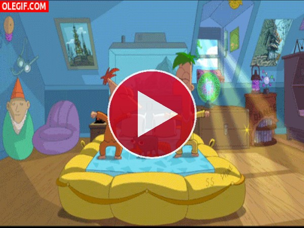 GIF: Phineas y Ferb saltando en la cama