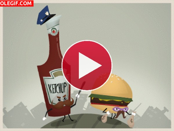 El ketchup persiguiendo a la hamburguesa